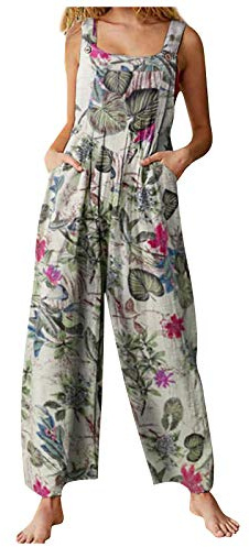 Edhomenn Women Summer Dungarees Multicolor Patchwork Square Neck Long Jumpsuit Playsuit Sleeveless Casual Baggy Overalls Rompers (B-Beige, XXXL)