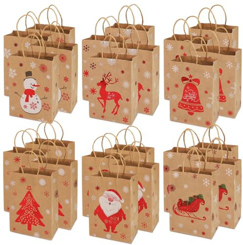 24 Stück Weihnachtskraft Geschenktüten Weihnachtspapiertüten mit Griffen Weihnachtstüten mit Weihnachtsdruck zum Verpacken von Geschenken, Partybedarf
