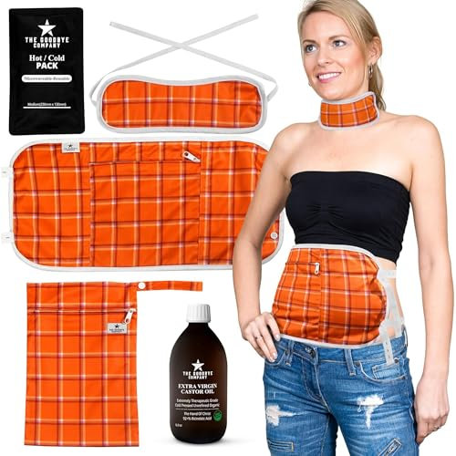 Rizinusöl-Packung – All-in-One-Set zur Schmerzlinderung, Leberentgiftung & Wellness – enthält 2 Bio-Baumwoll-Flanell-Wickel, Heiß- und Kaltkissen, Tragetasche und 100% reines extra natives Rizinusöl,