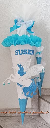 Schultüten Bastelset Pegasus weiß-hellblau-Glitter mit 3 kleinen Tüten zum Anhängen MaterialType Schultütenzuschnitt 400g Karton