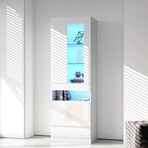 soges Armoire Vitrine Éclairage LED 16 Couleurs, Meuble de Rangement Blanc Brillant avec Portes en Verre pour Salon, 50x40x180 cm