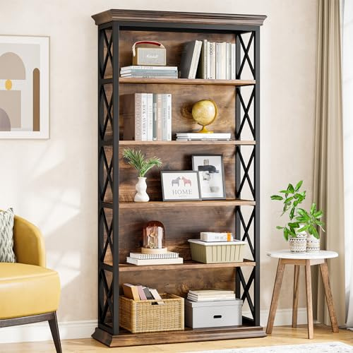 Tribesigns 6-Tier Bookcase, 71 Inches Industrial Bookshelves and Bookcase | Freestanding 5 Shelf Storage Shelves, Wood and Metal, Tall Bookcase for Home Office, Living Room, Bed Room, Brown and Black