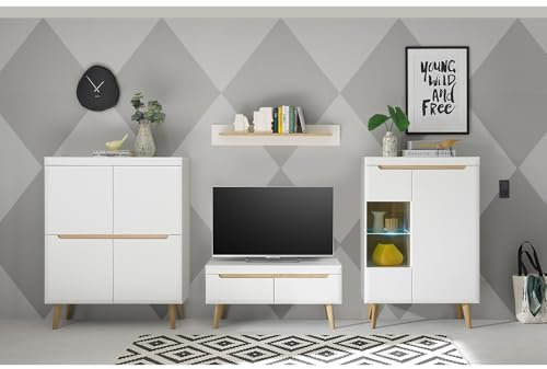 Lomadox Wohnwand in Weiß Matt mit Eiche, 4-teilig inkl. Beleuchtung, Highboard, TV-Lowboard, Wandboard, Vitrine