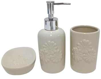 Generico Set 3 Pezzi Dispenser Sapone, Porta spazzolino E Porta Saponetta in Ceramica con Texture effetto Diamante Decorazione Fiori o Bolle Arredo Bagno WC Accessori da Bagno (Fiori)