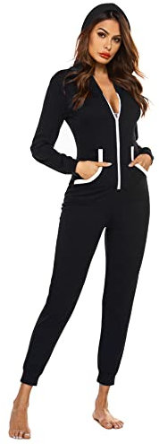 Ekouaer Damen Jumpsuit Onesie Overall Einteiler Pyjamas One Piece Schlafanzug mit Kapuze & Reißverschluss Schwarz M