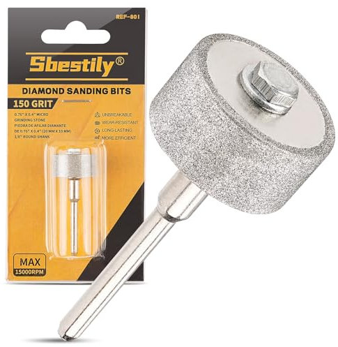 Sbestily Brocas de lijado de diamante rotativas para piedra de molienda con vástago de 1/8 pulgadas – Uso general, metal, madera, vidrio, cerámica, resina, grano 150, 1 paquete