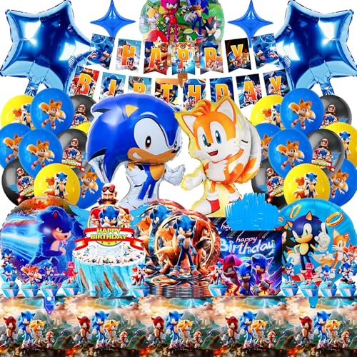 SABAN Decoracion Soni Cumpleaños para Niños, 94 Piezas Kit Vajilla Cumpleaños Soni, 3D Globos Foil Soni, Alta Calidad Mantele, Banner y Decoración Tartas, Decoracion para Fiesta de Niño a Tema Bluey