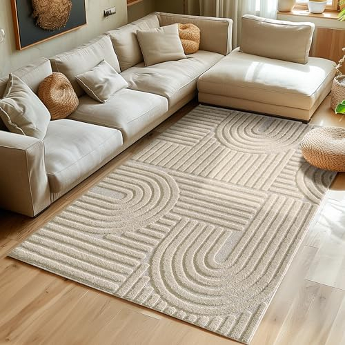 Hochflor Teppich Wohnzimmer Küchenteppich Schlafzimmer Läufer Flur Skandi Boho Teppich 3D Design Flauschig Weich, Größe: 80 x 250 cm Farbe: Beige