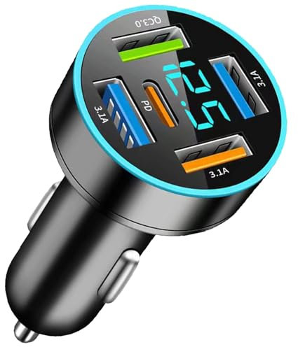 5-Porte Caricabatterie Auto, 66W Caricatore Auto USB C PD30W+QC3.0+3.1A, Adattatore Accendisigari USB con Voltmetro LED, per iPhone 15 14 13 Pro Max Samsung Android Tablet, ecc
