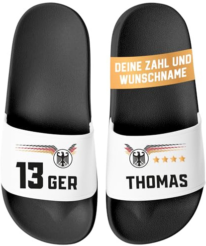 MoonWorks® Badeschlappen Herren Damen Fussball EM 24 personalisiert Deutschland Wunschname und Zahl Badelatschen Männer Frauen Schwarz-weiss 41