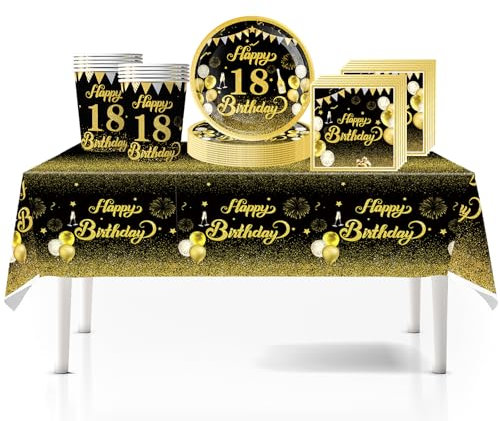 41Pcs Black Gold Happy 18th Birthday Party Tableware Set Plastic Table Cloth,Paper Plates Napkins 18th Birthday Table Decorations Disposable Tableware Kit for Boy Girl 18th Birthday Decorations