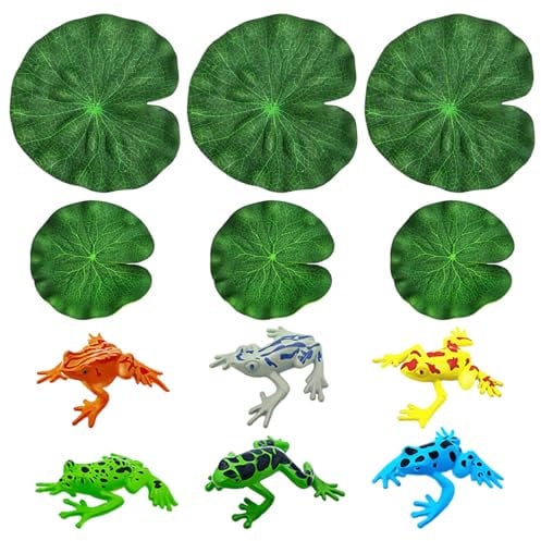 DHSBGWSX Lot de 6 feuilles de lotus flottantes pour étang, 6 grenouilles artificielles, accessoires pour bassin en plein air, feuilles de lotus pour aquarium, feuilles de lotus artificielles.