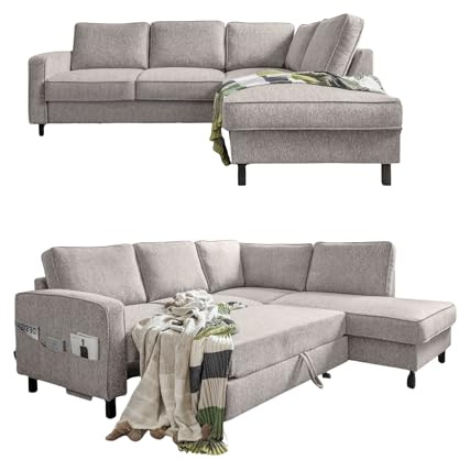 MIUFORM Molly L, 6 Sitzer Ecksofa mit Schlaffunktion, Rechts, Salz&Pfeffer | Sofa mit Schlaffunktion, Couch mit Schlaffunktion, Ecksofa L-Form mit Chaiselongue, 233 x 198 x 88 cm Eckcouch, L Sofa Bed