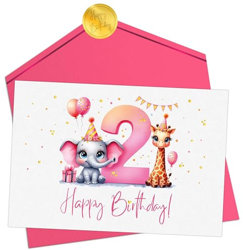 Joli Coon Geburtstagskarte 2 Jahre Mädchen - Premium Happy Birthday Geburtstagskarte 2 Jahre - Klappkarte mit Kuvert und goldenen Siegelsticker
