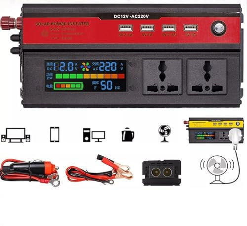 Générique Convertisseur Onduleur 12V à 220V 5000W avec Ports USB et Prises Électriques pour Voiture, Camping-Car, Camion