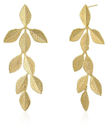Statement Leaf Drop Earrings for Women, 14K Gold-Plated Dangle Studs, Hypoallergenic Fashion Jewellery