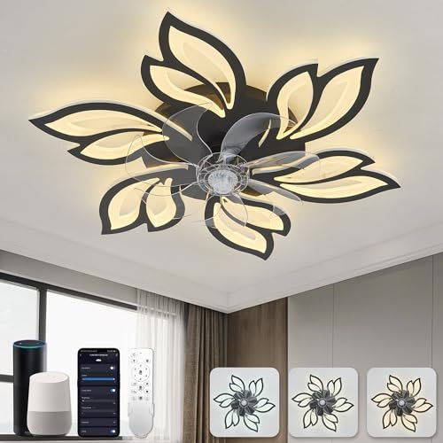 Smart Ceiling Fan with Light and Remote Control Alexa and Google Home Compatible Flower Fandelier for Bedroom Black Modern Lighting Fixture