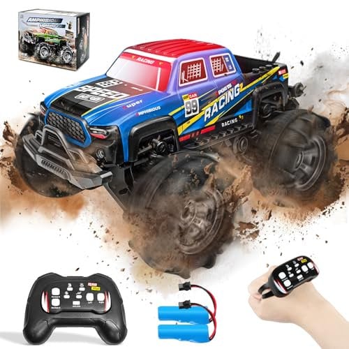Charmofun Anfibio Coche Teledirigido, 4WD Todo Terreno Monster Truck Teledirigido con Luces Led e 2 Baterías, 2.4GHz 360° Rotación Impermeable Coche RC 1:16 para Niños De 7 A 14 Años (Blue)