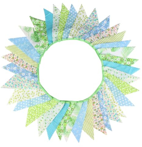 WAZUBC Dreieckige Vintage Flagge, 10m Wimpelkette mit Blumenmuster Baumwolle Vintage Blumenmuster Dreiecksflaggen für Nachmittagstee, Geburtstag, Gartenparty (grün)