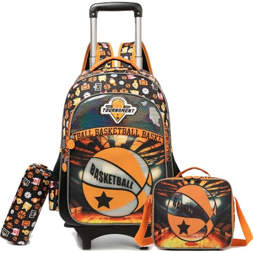 Egchescebo Zaino con Pallone da Basket Rotelle Bambini Trolley Auto Zainetto Scuola Elementare Primaria 17 3PCS Borsa Portamatite Media Carrello Ruote Valigia Ragazzi per Rullo Rimovibile Arancione