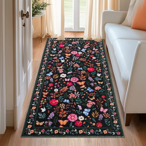 MAST DOO Teppich Läufer Flur 80x150cm, Boho Teppich Küche Waschbare Kurzflor rutschfest Blumen Design Teppiche, Küchenläufer für Korridor, Esszimmer, Schlafzimmer, Wohnzimmer, Schwarz