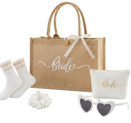 Hestya 4 Stück Braut Geschenk JGA Accessoires Frauen Bride to Be | Hochzeitsgeschenk, Mit Jute Tragetasche, Kosmetiktasche, Socken, Hochzeitssonnenbrille, Für Strand, Verlobung, Flitterwochen