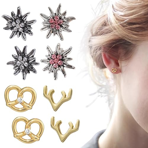 Oktoberfest Deko - 4 Paar Ohrstecker mit Edelweiß Ohrstecker - Silbernen Und Rosa Steinen, Elch Geweih, Brezel Ohrringe, Bier Liebhaber Geschenk, Oktoberfest Accessoires, Süßes Mädchen Exotisch, boho