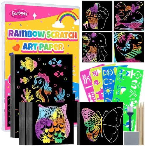 Funtopia 100 PCS Scratch Art for Kids, Rainbow Scratch Paper for Boys Girl