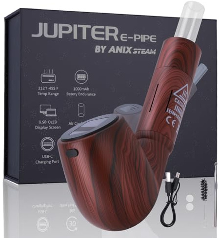 KinZon Vaporisateur Jupiter Retro Pipe pour herbe sèche, écran OLED 0.66 avec vibration, contrôle précis de température 100°C-252°C, chambre en céramique, batterie 1100mAh (Noir effet bois)