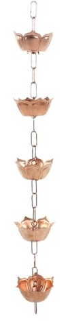 Zerodis Ornamenti Deviatore Pioggia in Rame con Design a 5 Tazze di Fiori Raccoglitore d'Acqua Decorativo Grondaia Pluviale Multifunzione Ornamento Appeso per Catena Antipioggia da Giardino