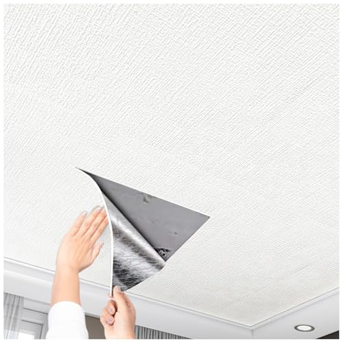 Aeovot Selbstklebende Deckenverkleidung, Deckenplatten Styropor 6mm XPE Isolierend, Deckenverkleidung Feuchtraum Wasserfest, Leinenstruktur Deckenpaneele für die Deckenrenovierung(Weiß,W50cmL5m)
