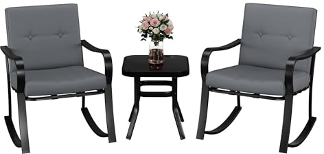 Garvee Salon de Jardin 3 pièces extensionérieur – 2 fauteuils à Bascule avec Coussins Gris Chaud et Table Basse en Verre – Idéal terrasse, Balcon, Piscine, Patio – Siège à Lattes + Gris