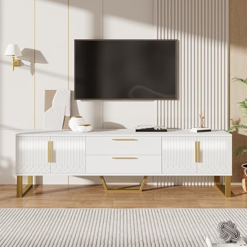 Raeln TV Lowboard 170 cm Hochglanz Weiß TV Schrank Strukturierte Fronten 4 Türen Goldene Füße Fernsehschrank Unterschrank Stauraum passend für 75 Zoll Fernseher Wohnzimmer