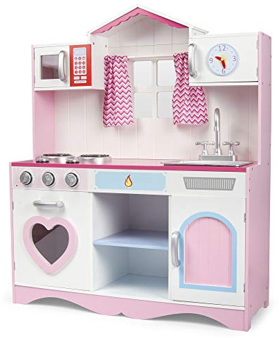 BAYAGU Cuisine jouet en bois pour enfants avec lumières et sons, cuisine avec four, micro-ondes, évier et horloge, accessoires inclus, jeu de rôle éducatif, cadeau 3+ rose