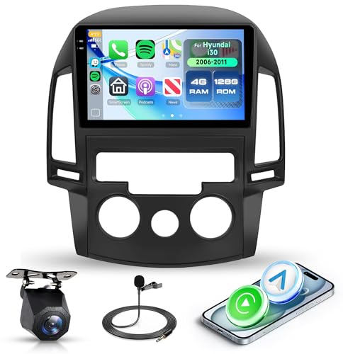 Rimoody 4G+128G Android Radio Coche para Hyundai i30 2006-2011 9'' Pantalla IN-Cell Carplay Android Auto Inalámbrico Navegación GPS Mirror Link Bluetooth WiFi FM/RDS/EQ Cámara Trasera