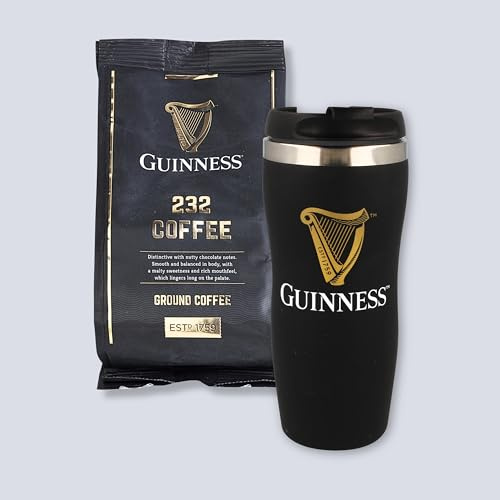Guinness Coffee ‘232’ Brew Gift Set – 227g Roasted Ground/Filter Coffee & Guinness Contemporary Travel Mug by Tiki Tonga Coffee Roasters