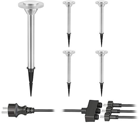 ledscom.de 5er Set LED Gartenleuchte ALF chrom matt mit Erdspieß für außen, IP44, je 70lm, warm-weiß