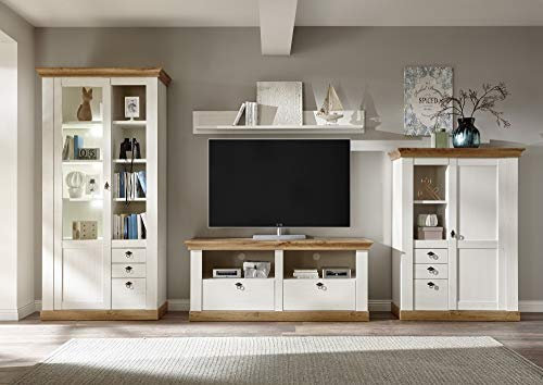 Wohnwand Côte d’Azur, Pinie weiß/Wotan Eiche NB, 376 (356) x 204 x 44-52 cm, Wohnzimmer, Wohnzimmerwand, Wohnzimmermöbel Ausführung mit Beleuchtung