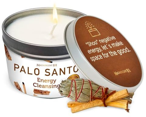Magnificent 101 Palo Santo Smudge Kerze für Zuhause, Energiereinigung, Aromatherapie und Chakra-Heilung, natürliches Sojawachs, ätherische Öle, 170 g Dosenhalter