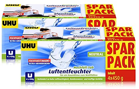 Uhu Luftentfeuchter Nachfüll-Tab Neutral 4x450g - Verhindert zu hohe Luftfeuchtigkeit, Kondenswasser und muffige Gerüche - Ultra absorbierender Feuchtigkeitsmagnet (2er Pack)