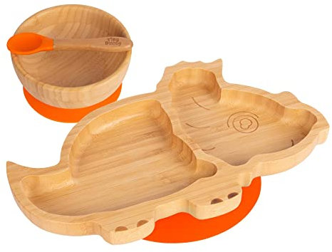 Tiny Dining Baby Dinner Set - Dinosaur - Orange - 3pc - Divided Non-Slip Bamboo Self-Feeding Weaning Plate, Bowl & Spoon for Babies, Toddlers, Children