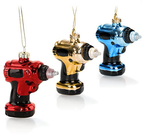 com-four® 3X Premium Christbaumschmuck - Deko-Bohrmaschine aus Glas - besondere Baumkugeln als Weihnachtsdeko - spezielle Weihnachtsbaumanhänger - hochwertige Christbaumkugeln (Bohrer - 3 Stück)
