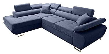 Robin Saturn Premium Ecksofa Schlaffunktion Bettkasten Verstellbare Kopfstützen Kissen Sofa L-Form Schlafsofa Freistehende Eckcouch Schlafcouch Wohnzimmermöbel Wohnlandschaft Links Marineblau