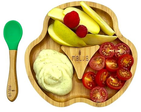 Plato Bebé BLW de Bambú con Ventosa Antideslizante, Precuchara de Bambú y Silicona Sin BPA, Ecológico, Ideal Aprendizaje, Regalo Bebé (1 Plato + 1 Cuchara)