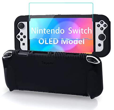 Teyomi Silicone Custodia compatibile con Nintendo Switch OLED modello 2021, Cover Nintendo Switch Oled con protettiva con accessori in vetro temperato, 2 scomparti per carte da gioco (nero)