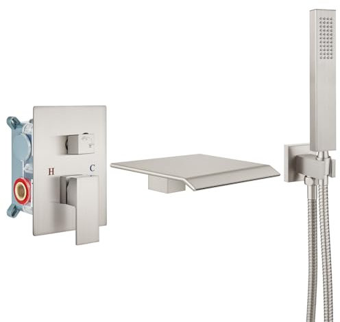 Airuida Robinet de baignoire mural en nickel brossé avec pulvérisateur de douche à main bec cascade avec poignée unique moderne, robinet de baignoire à montage mural, mélangeur d'eau chaude et froide,