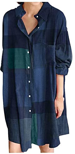 Ni_ka Robe Chemise Femme Grande Taille Robes Courte Ample à Manches Longues Women Dress Boutonnee Carreaux Imprime Dresses Chic Et Glamour Bleu Kaki Taille S à 5XL