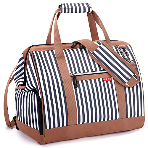 Lekesky Weekend Overnight Bags for Women - 33l Top Large Opening Travel Duffles Bag, Holdall Bag for Airlines with Shoes Compartment (White Stripes,42 * 33 * 24cm)