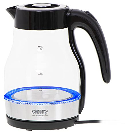 ADLER Camry Wasserkocher 1,7 l, blaue LED-Beleuchtung, 2200 W Leistung, Silber