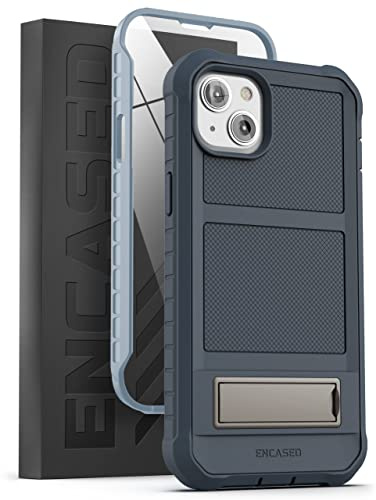 ENCASED Falcon Designed for iPhone 14 PLUS Case with Kickstand, Shockproof Built-in Screen Protector with Metal Stand Phone Case - Blue